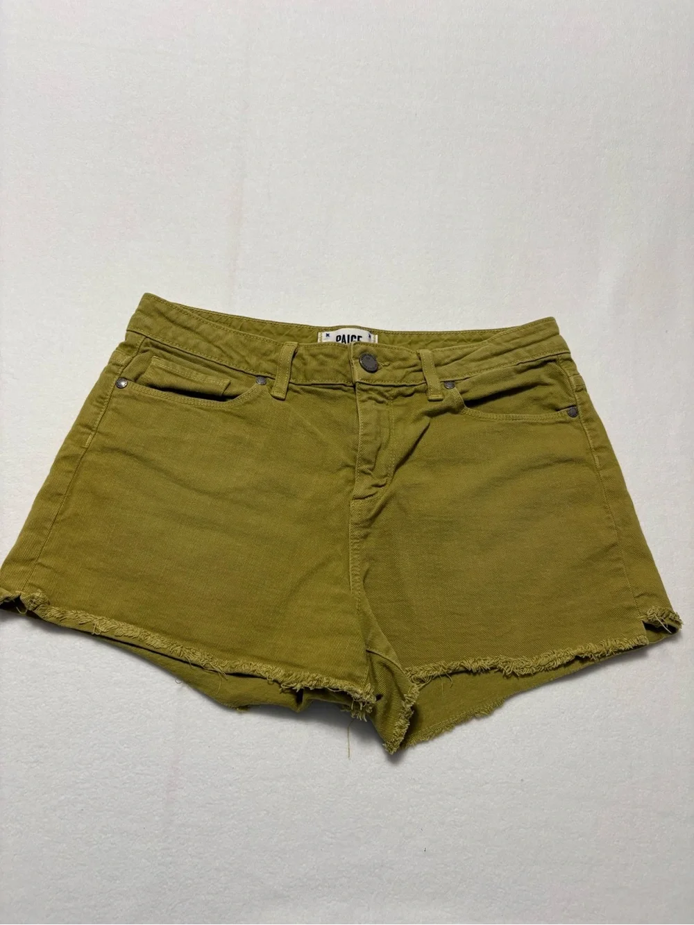 PAIGE Lola Short Olive Green Frayed Hem Denim Shorts
